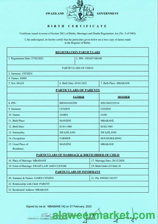 Swaziland birth certificate template in Word and PDF formatSwaziland birth certificate template in Word and PDF format